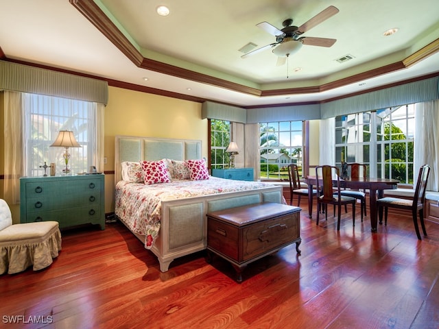 bedroom featuring a tray ceiling, multiple windows, ceiling fan, and dark hardwood / wood-style flooring