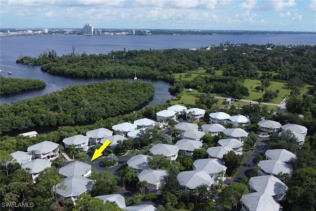 aerial view featuring a water view