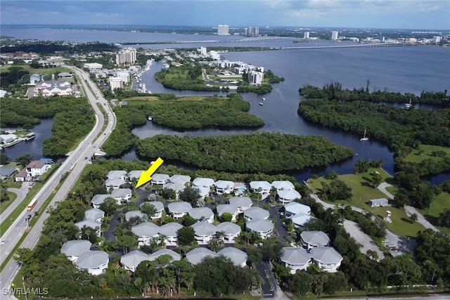 drone / aerial view featuring a water view