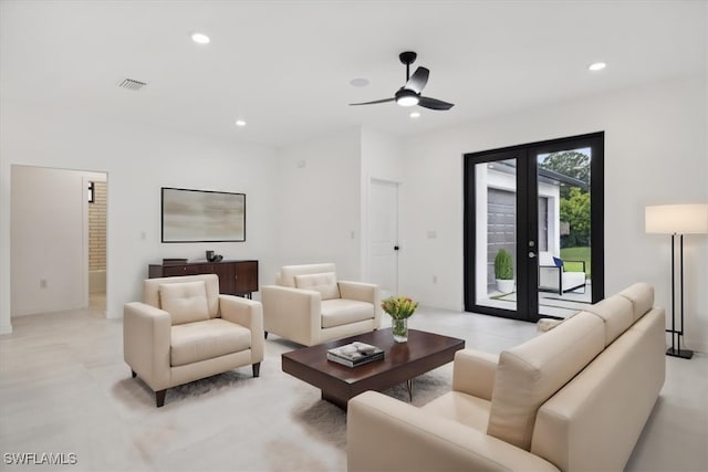 living area with recessed lighting, french doors, visible vents, and ceiling fan