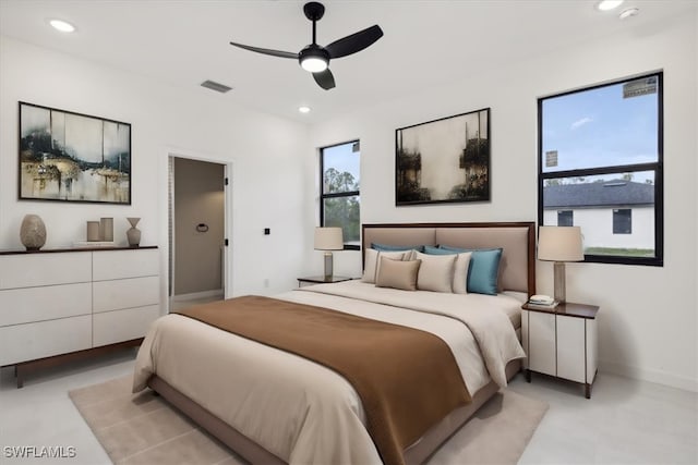 bedroom featuring recessed lighting, visible vents, baseboards, and a ceiling fan