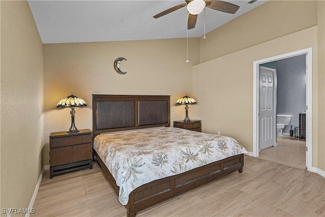 bedroom featuring ceiling fan and lofted ceiling