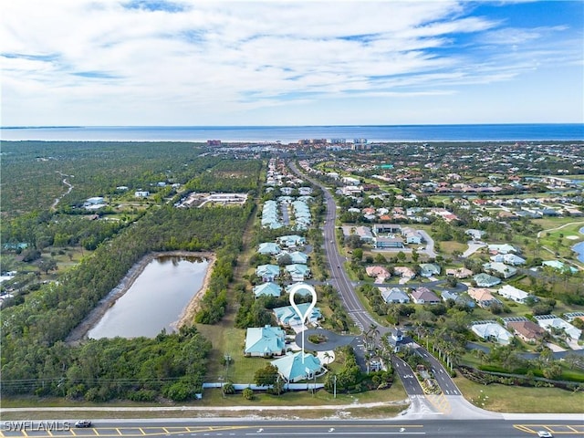 drone / aerial view featuring a water view