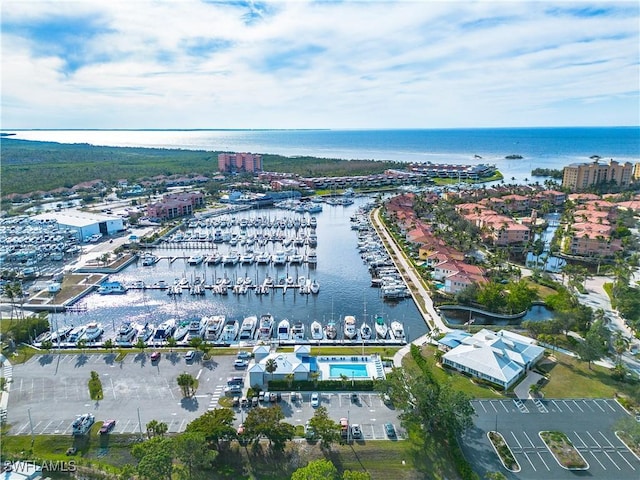 drone / aerial view featuring a water view