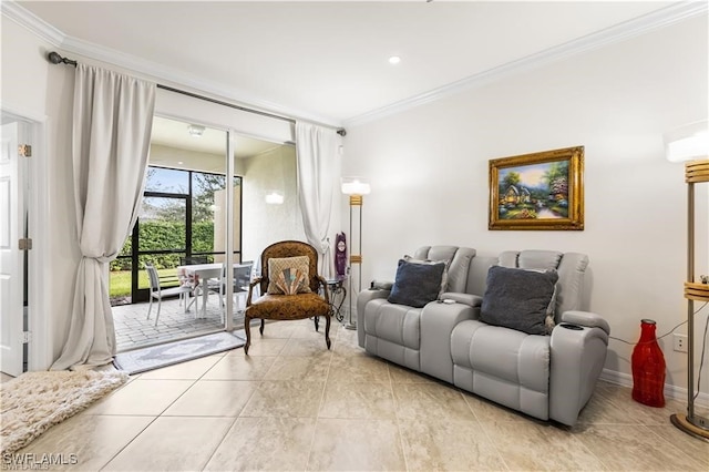 tiled living room featuring ornamental molding