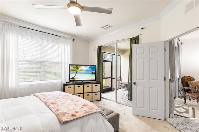 bedroom featuring crown molding, light carpet, access to outside, and ceiling fan