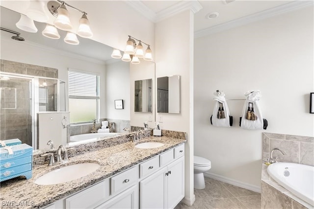 full bathroom featuring plus walk in shower, an inviting chandelier, crown molding, toilet, and vanity