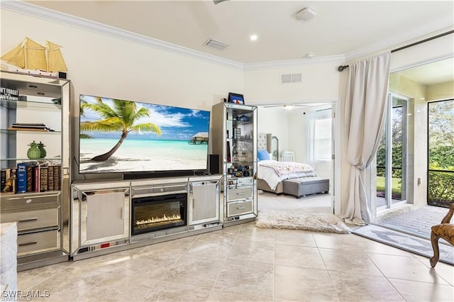 tiled bedroom with access to exterior and ornamental molding