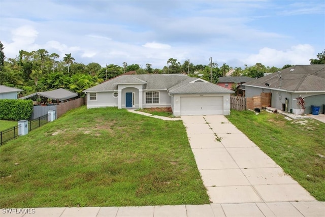 single story home with a garage and a front yard