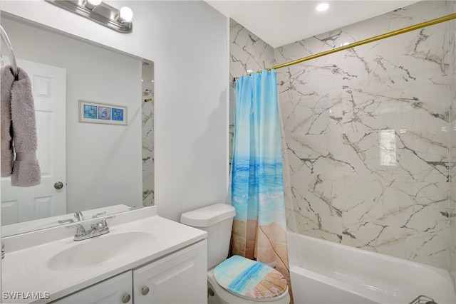 full bathroom with vanity, toilet, and shower / bath combination with curtain