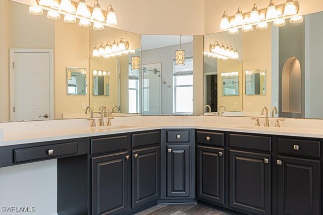 bathroom with vanity, a shower with shower door, and wood-type flooring