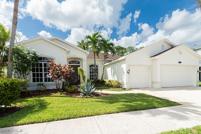 view of front of home featuring stucco siding, driveway, a front lawn, and an attached garage