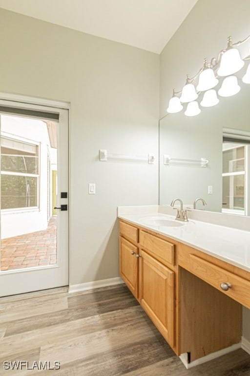 bathroom with vanity and hardwood / wood-style floors