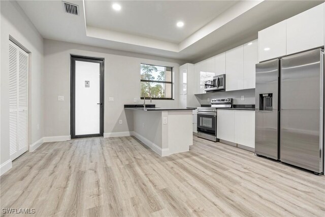 kitchen with kitchen peninsula, white cabinetry, and appliances with stainless steel finishes