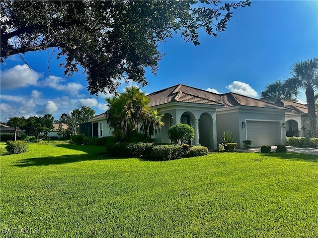 view of property exterior featuring a lawn, driveway, an attached garage, and stucco siding