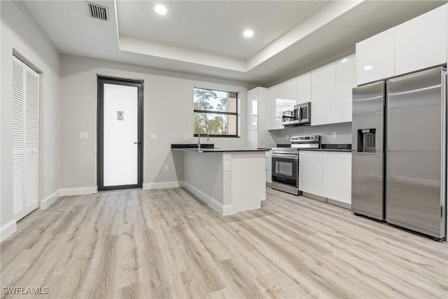 kitchen with white cabinetry, stainless steel appliances, and kitchen peninsula