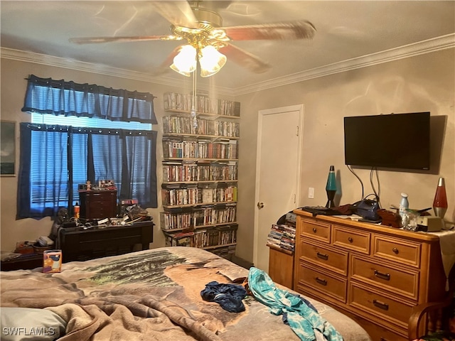 bedroom with ceiling fan and crown molding