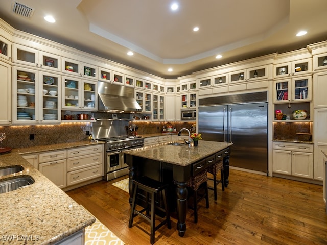 kitchen with light stone countertops, ventilation hood, a raised ceiling, a kitchen island with sink, and built in appliances