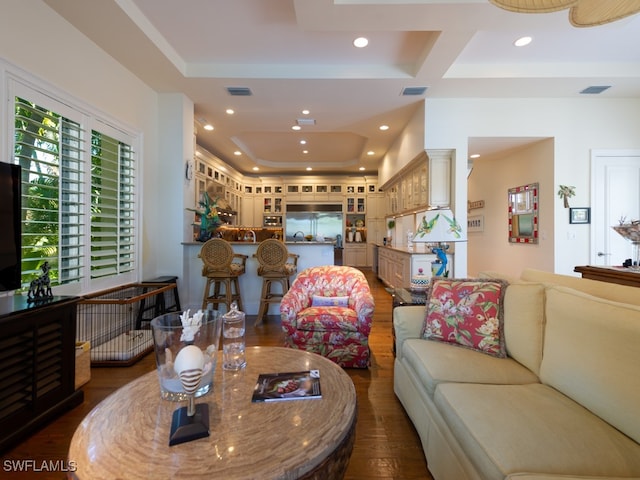 living room featuring a raised ceiling