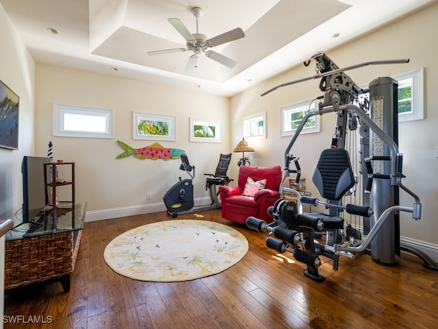 exercise room featuring hardwood / wood-style floors, a tray ceiling, and ceiling fan