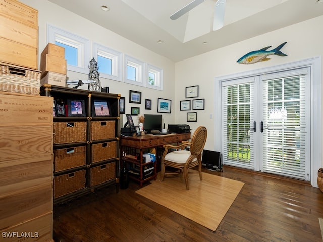 office space featuring dark hardwood / wood-style floors, ceiling fan, and french doors