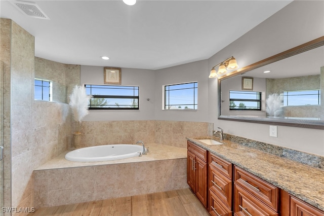 bathroom with plenty of natural light, vanity, wood-type flooring, and plus walk in shower