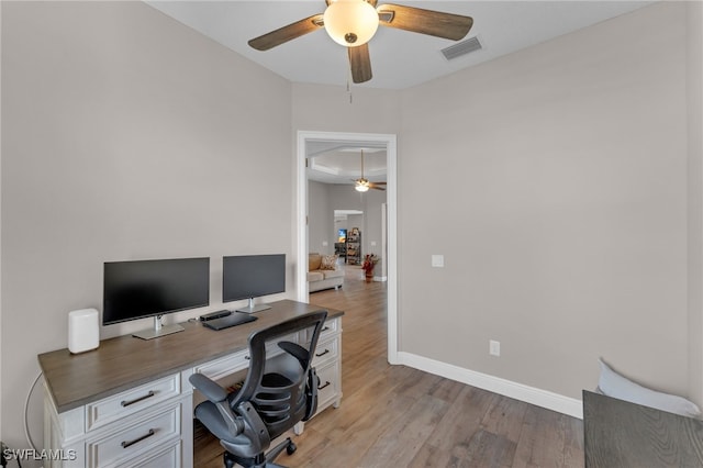 office area featuring ceiling fan and hardwood / wood-style flooring