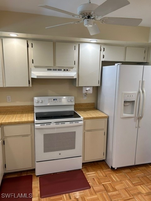 kitchen featuring light countertops, white appliances, under cabinet range hood, white cabinets, and a ceiling fan