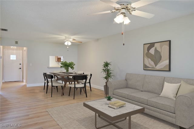 living room featuring a textured ceiling, ceiling fan, and light hardwood / wood-style floors