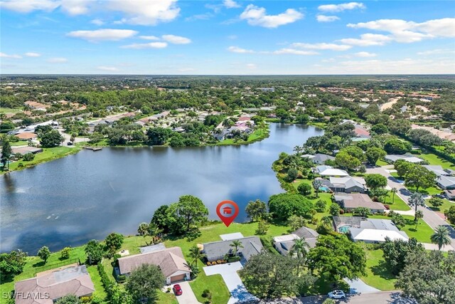 drone / aerial view featuring a water view