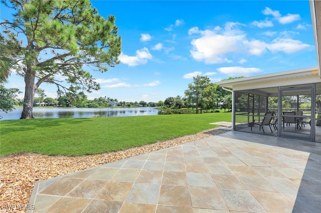 view of patio with a water view