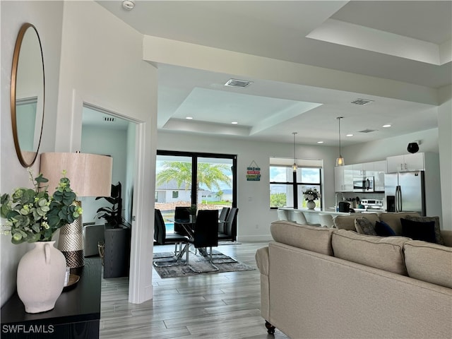 living room featuring light wood-type flooring and a tray ceiling