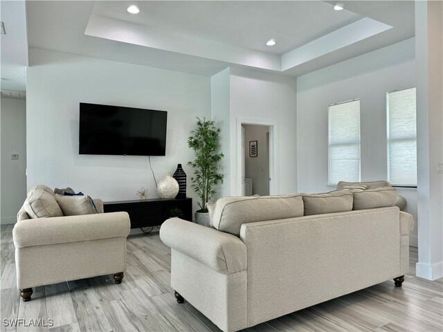 living room featuring a raised ceiling and light hardwood / wood-style floors