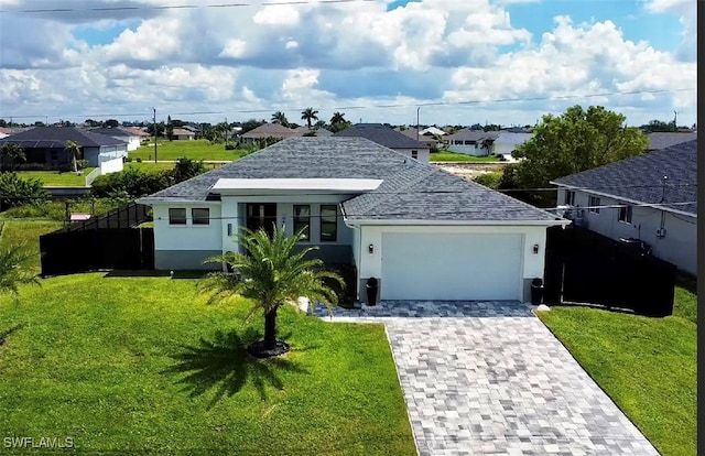 view of front of home featuring a garage and a front lawn