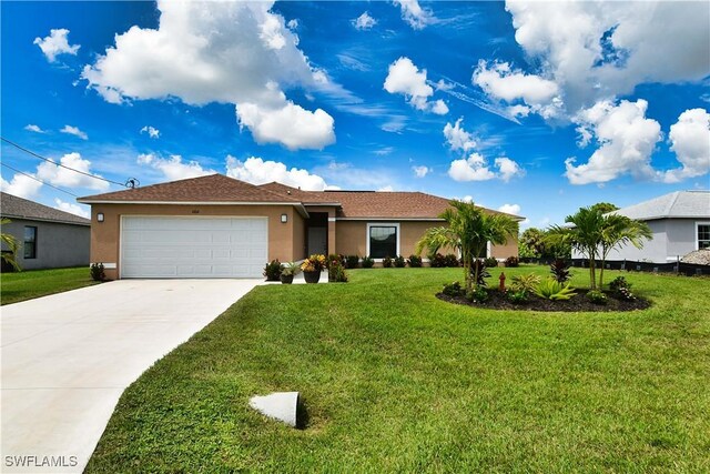 ranch-style house with a garage and a front yard