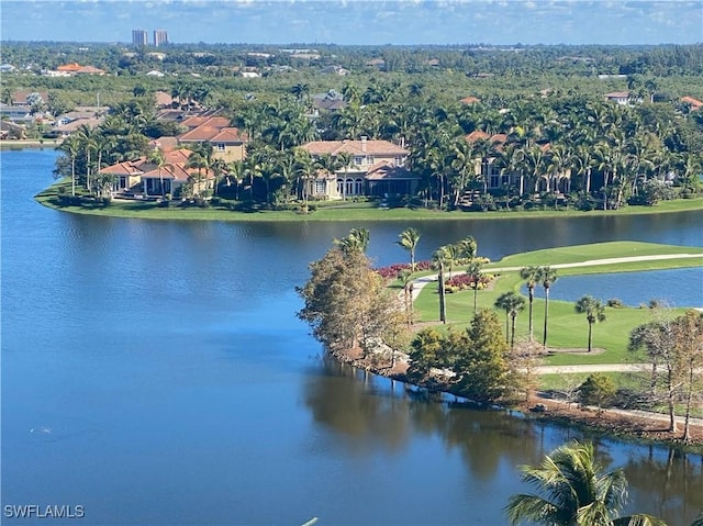 aerial view featuring a residential view and a water view