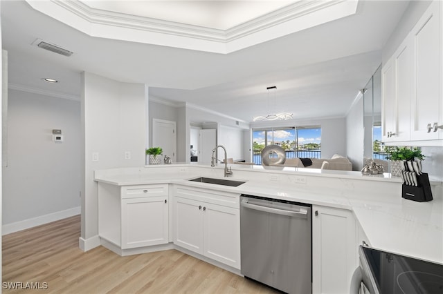 kitchen with range, stainless steel dishwasher, sink, light wood-type flooring, and white cabinets