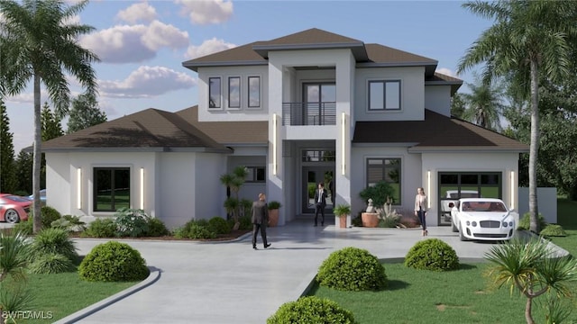 view of front facade with a balcony, stucco siding, and curved driveway