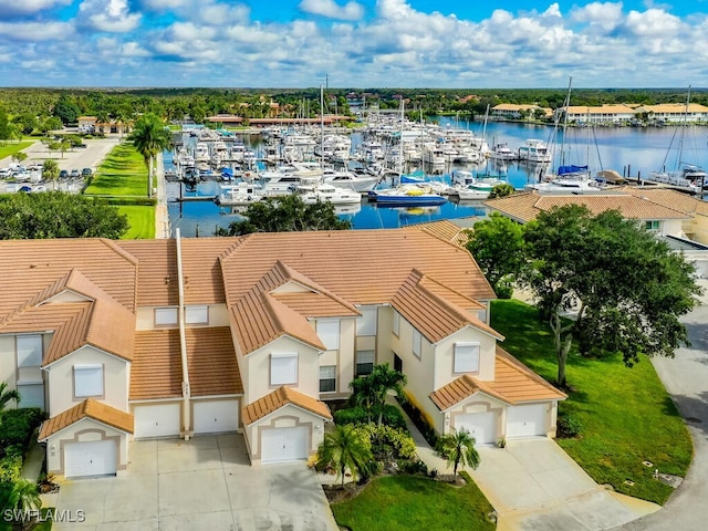 aerial view featuring a water view