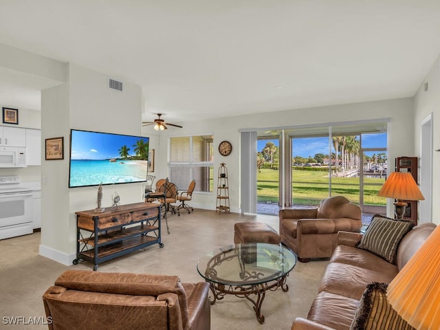 living room with ceiling fan