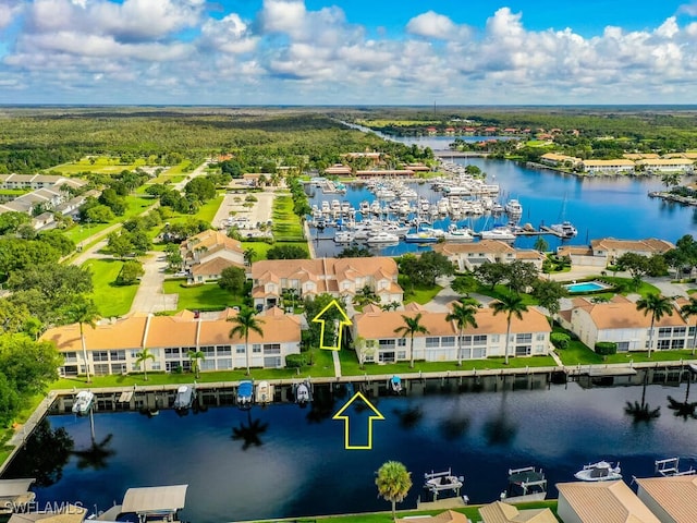 drone / aerial view featuring a water view