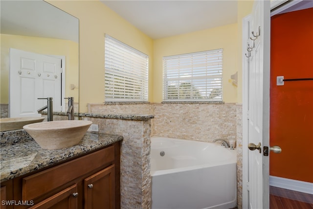 bathroom featuring a tub to relax in, vanity, and wood-type flooring