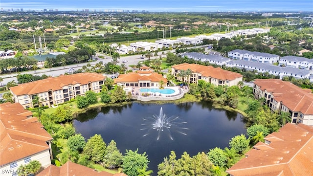 aerial view featuring a residential view and a water view