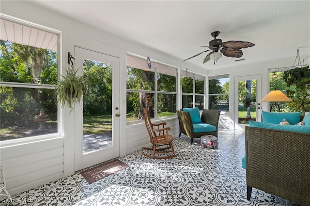 sunroom featuring ceiling fan