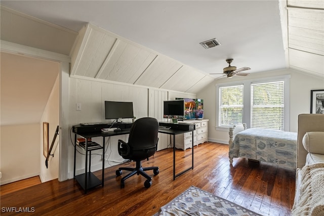 office featuring ceiling fan, hardwood / wood-style flooring, and lofted ceiling