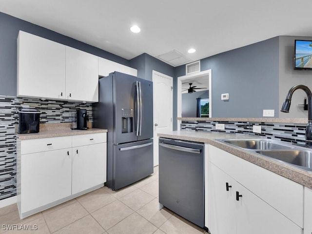 kitchen featuring white cabinets, stainless steel appliances, sink, ceiling fan, and tasteful backsplash