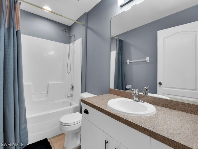 full bathroom with vanity, toilet, shower / tub combo with curtain, and tile patterned floors