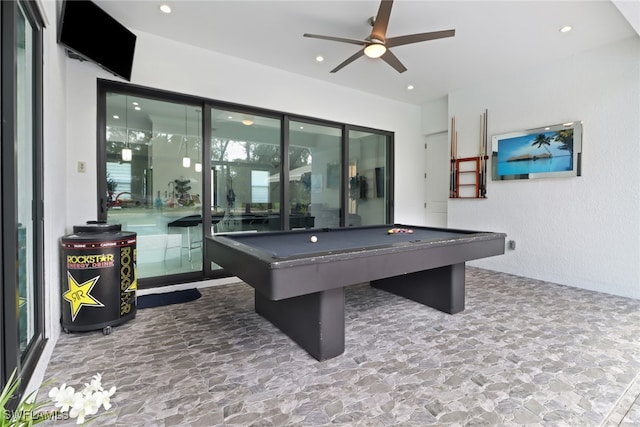 rec room with ceiling fan and pool table