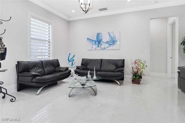 living room featuring an inviting chandelier and crown molding