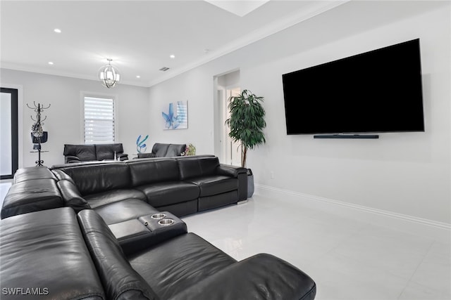 living room featuring ornamental molding and a notable chandelier